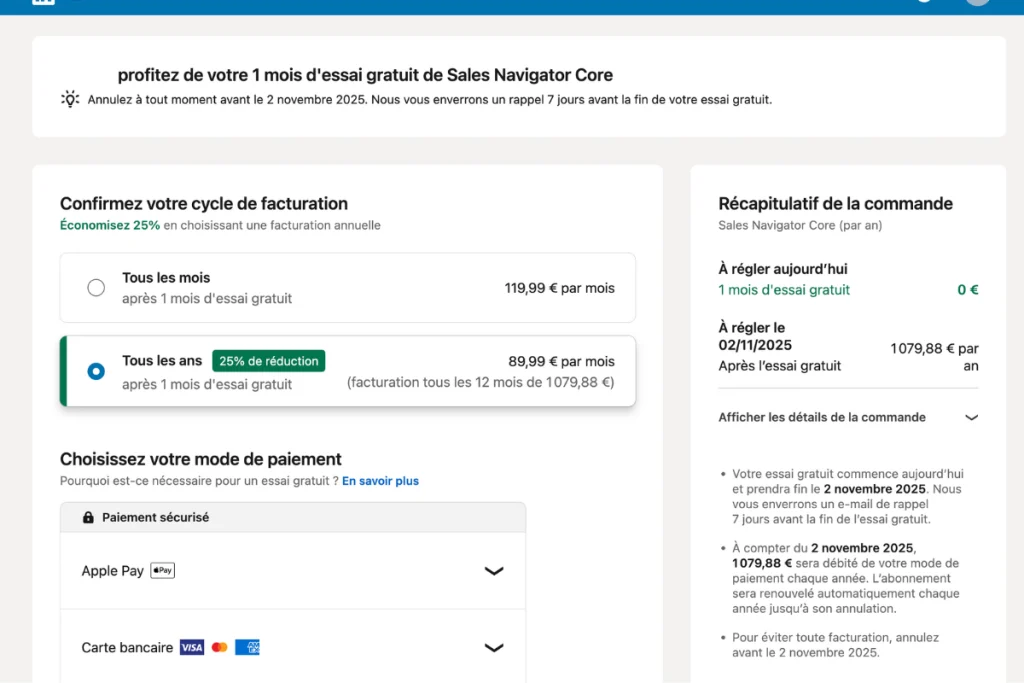 Screenshot abonnement Linkedin Premium