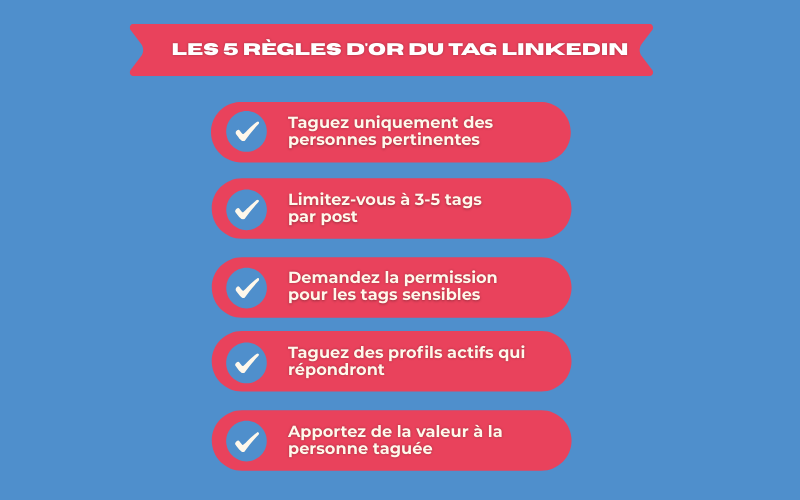 Infographie les 5 règles d or pour taguer efficacement sur LinkedIn en 2026 bonnes pratiques mentions